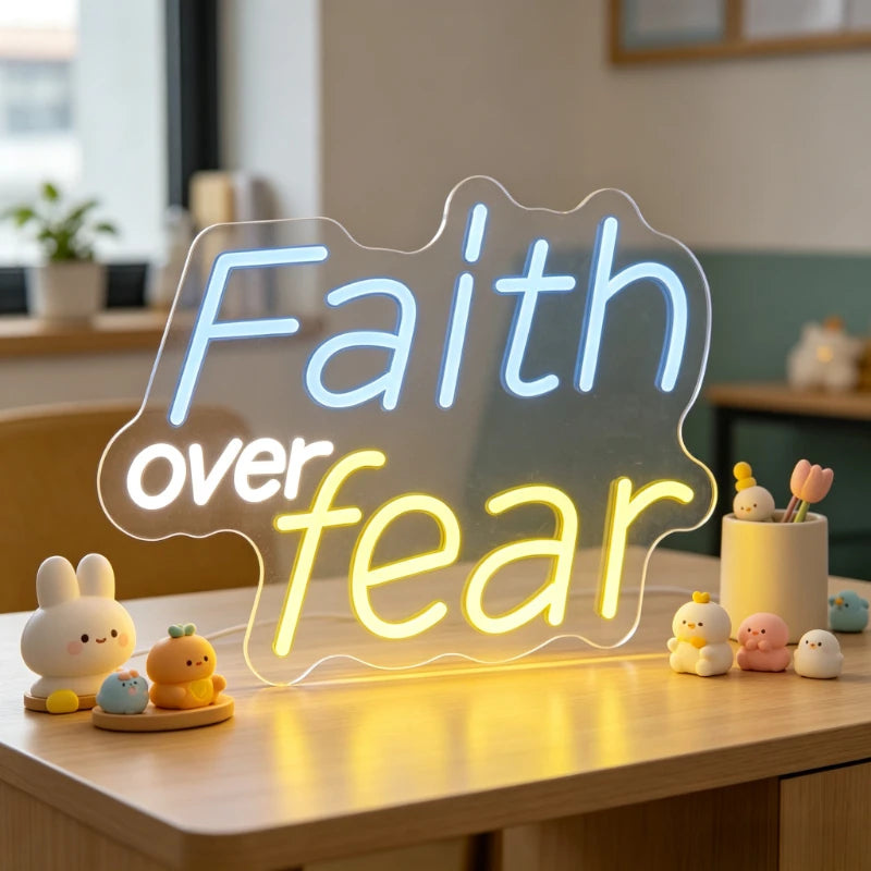 Faith Over Fear Neon Sign | LED Light for Christian Room Decor